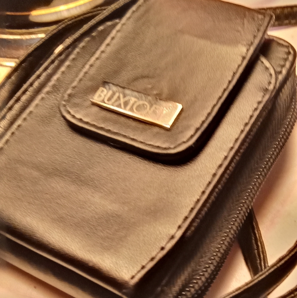 Buxton Black Leather Crossbody Pocket Book With Card Holder And Magnetic Snap